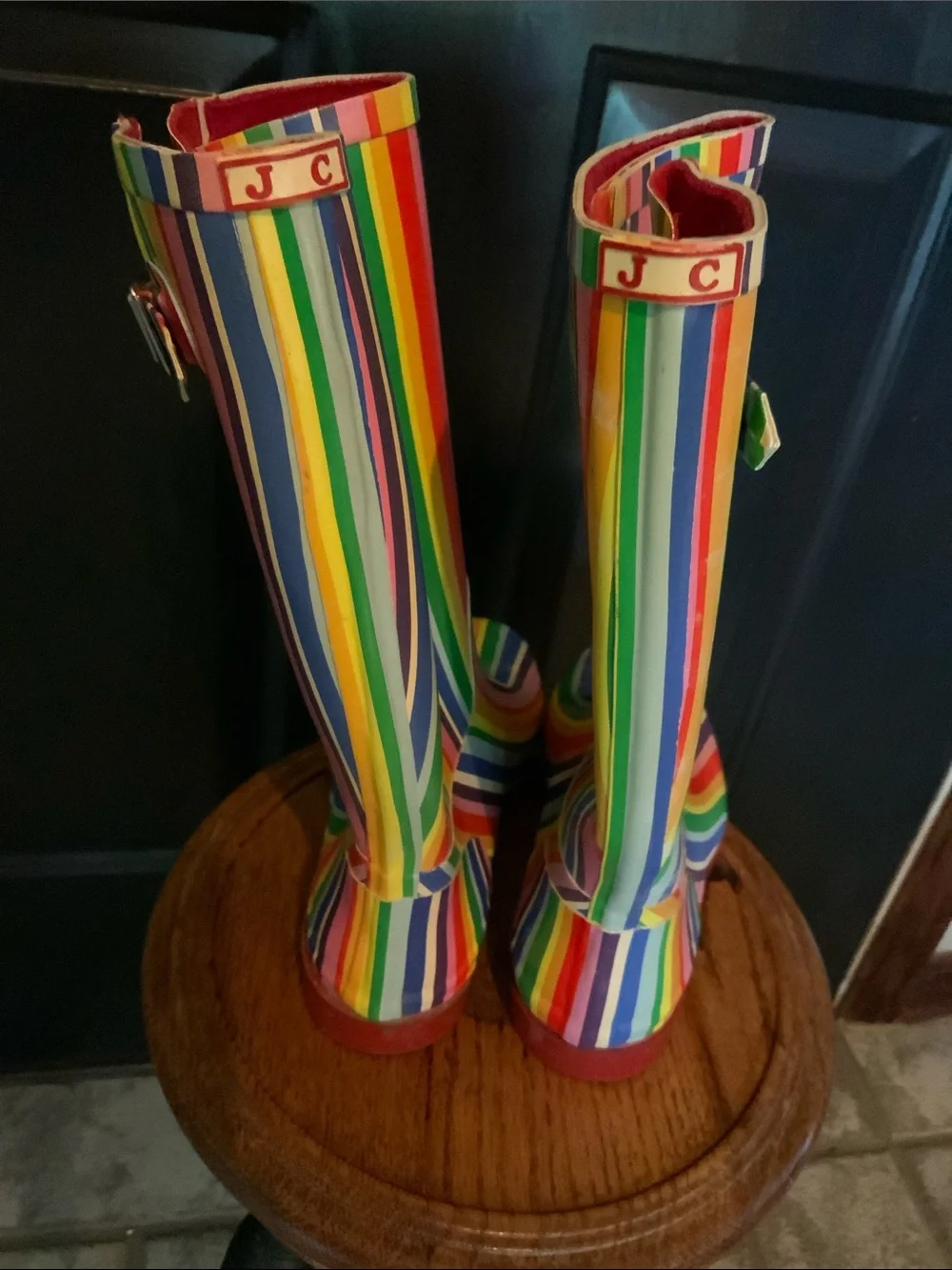 JC Rubber Boots Rainbow VerticalStripes Whimsical Fun Rainboots Size 7 Women’s